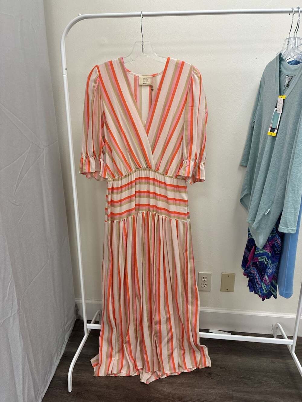 DX Collection Striped Short Puff Sleeve V-Neck Maxi Dress Cherry